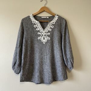 Susan Graver Pure Cross Dyed Linen Blend Tunic Top M Black Boho Natural